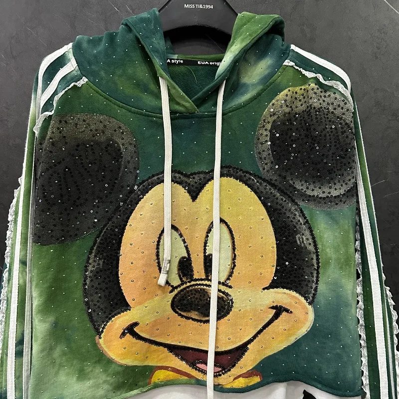 Autumn New Heavy Industry New Style Distressed Fake Two-Piece Cartoon Top Hoodies For Women's Loose Casual Versatile Top Jacket