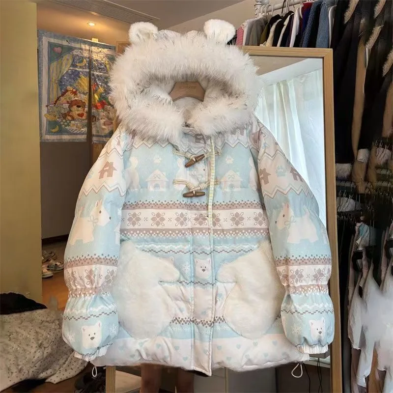 الحلو لوليتا أعلى لطيف الكرتون طباعة الفراء طوق آذان الدب مقنعين سترة فضفاضة تنوعا معطف الحراري الخريف الشتاء النساء #1