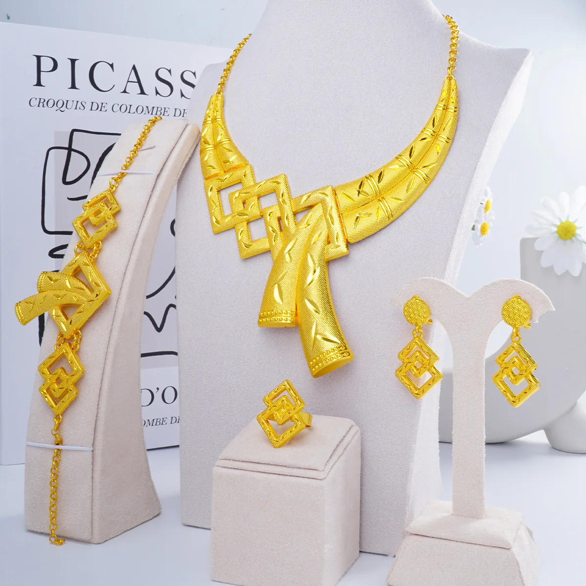 Luxury 24K 9999 Pure Gold real gold Dubai Middle East Women Necklace Earrings Bracelet Ring Set