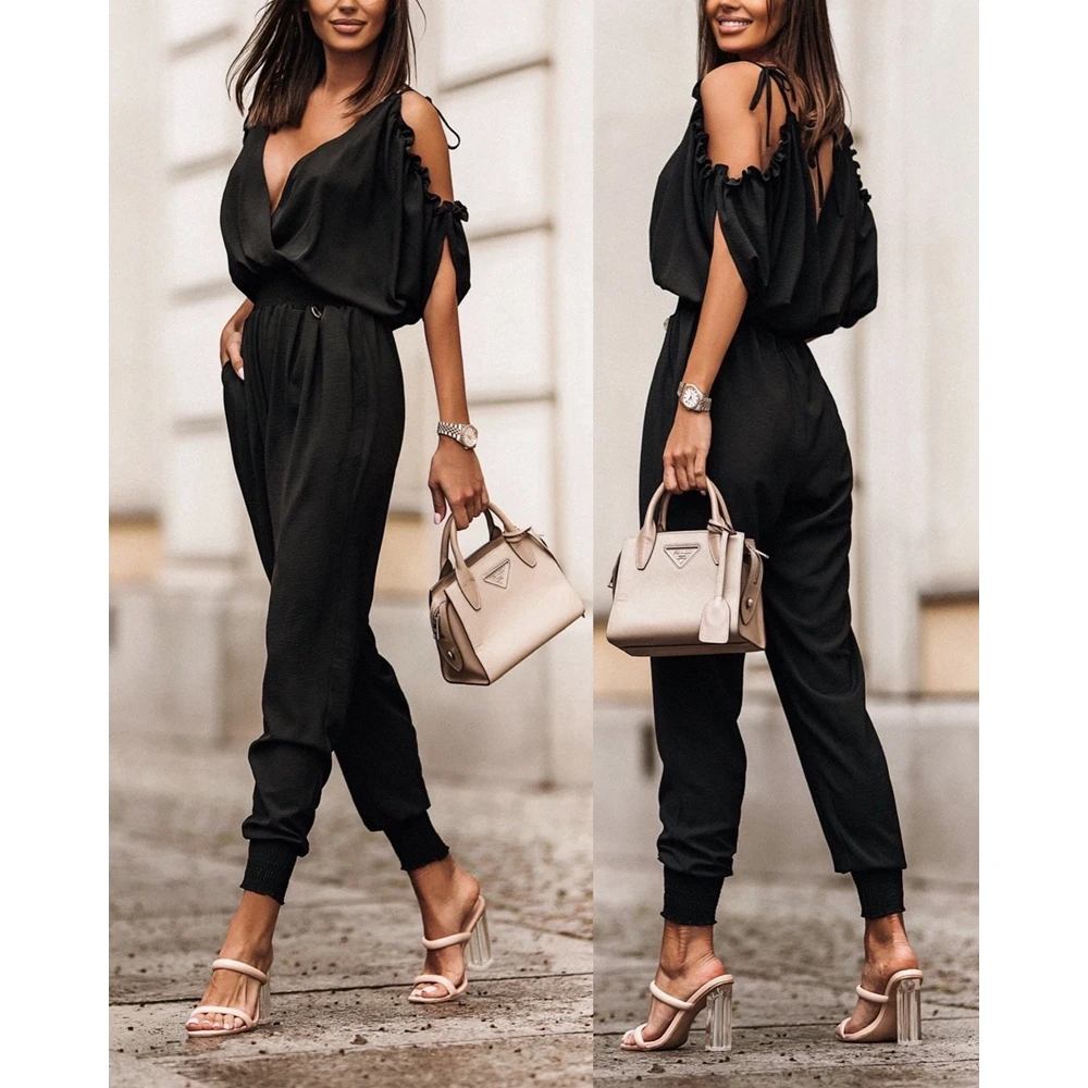 

Women New in Cold Shoulder Short Sleeve V-Neck Cuffed Jumpsuit Summer Casual Shirring Ruched Lady Jumpsuit One Piece Clothing