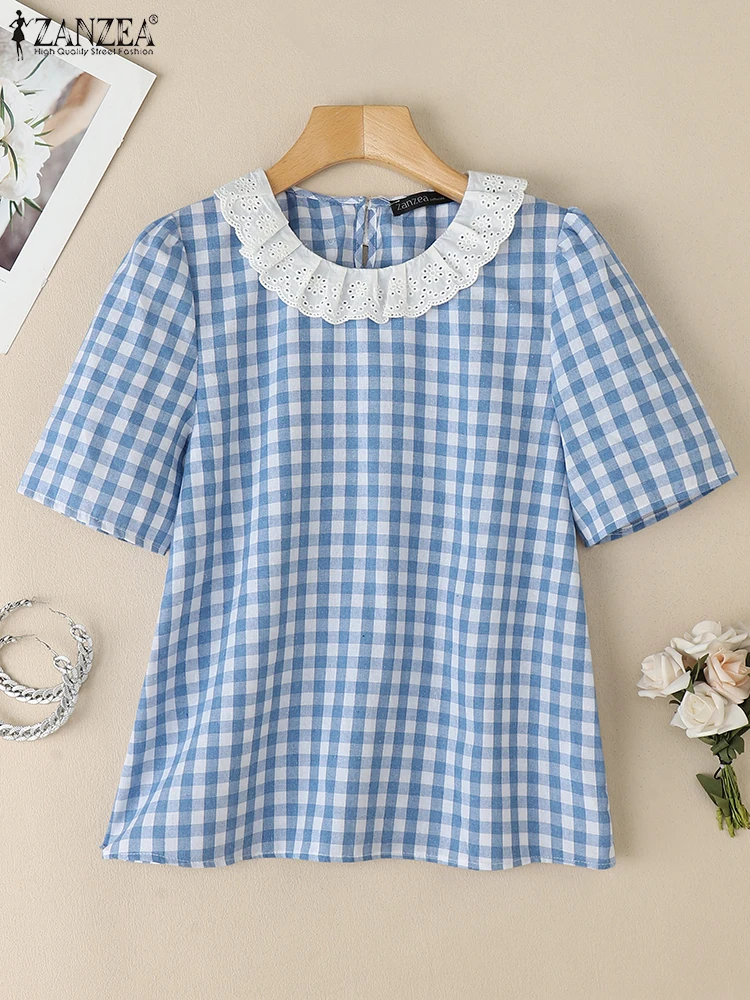 

Fashion Summer Short Sleeve Plaid Checked Shirts 2025 ZANZEA Women Blouse Elegant Lapel Neck Work Blusas Female Tunic Tops Mujer
