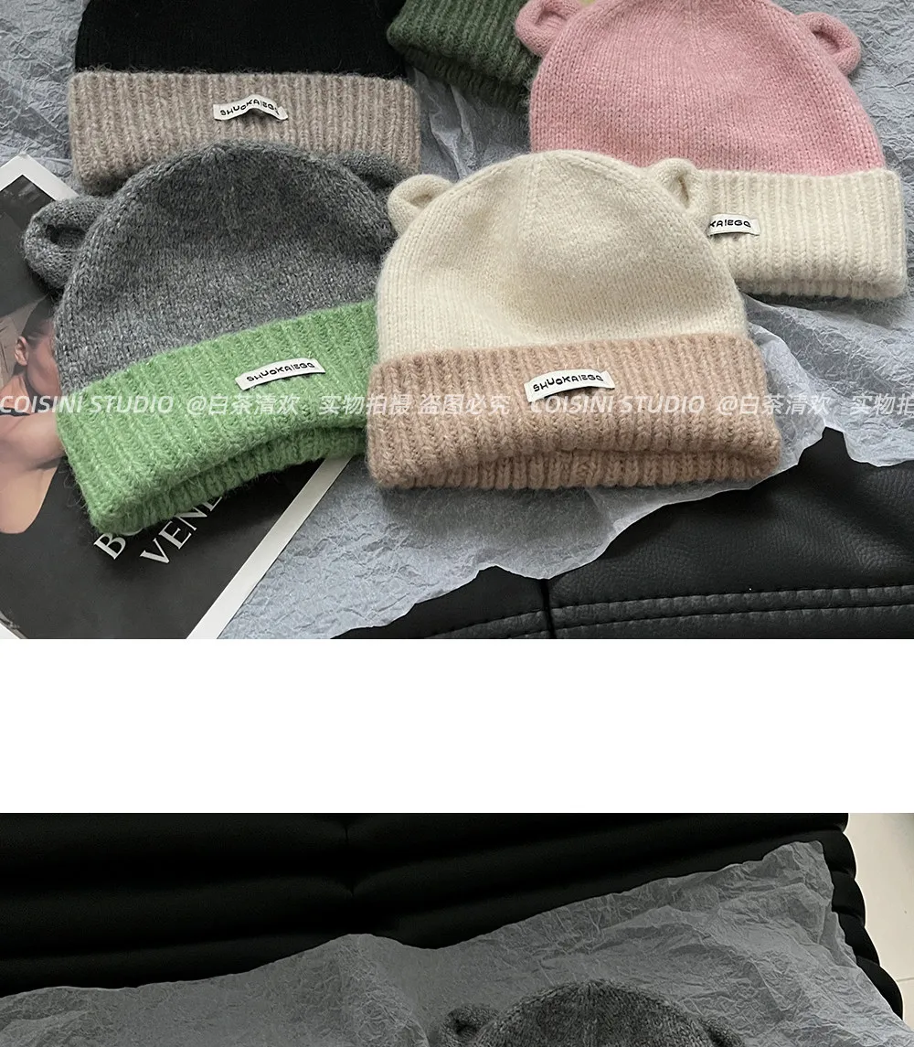 Niedliche Bärenohren-Strickmützen für Frauen, Kontrastfarbene Umschlagmütze, Winter-Warme Weiche Plüsch-Pullover-Mütze, Lässige Streetwear-Kopfbedeckung – Detail 3