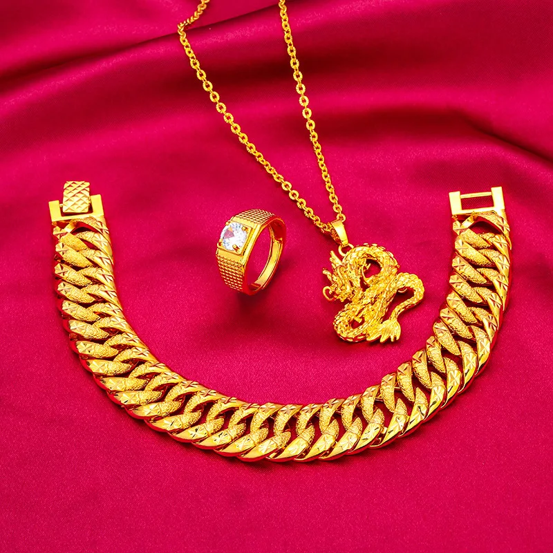 Wide Edge Bracelet, Necklace Ring Set for Men 24K Gold, AU999 Double sided star track engravings rotating ring for timeles gifts