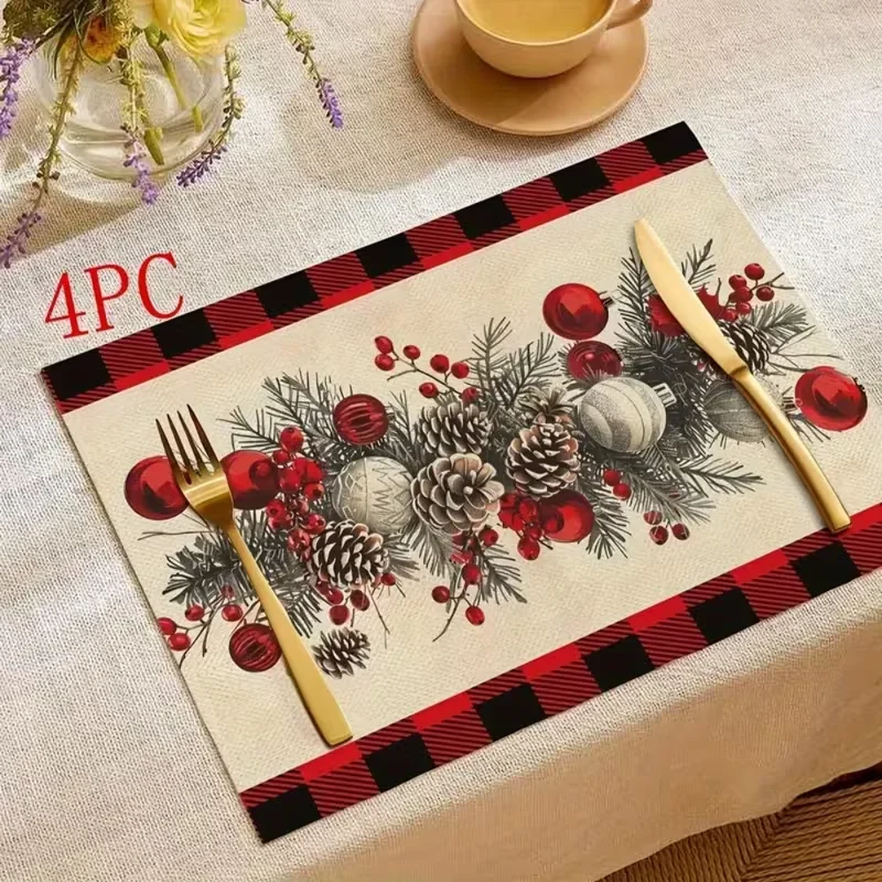 Buffalo Plaid Pine Cone Berry Christmas Balls Printed Table Mat Vintage Farmhouse Xmas Decorative Placemat for Dining Table
