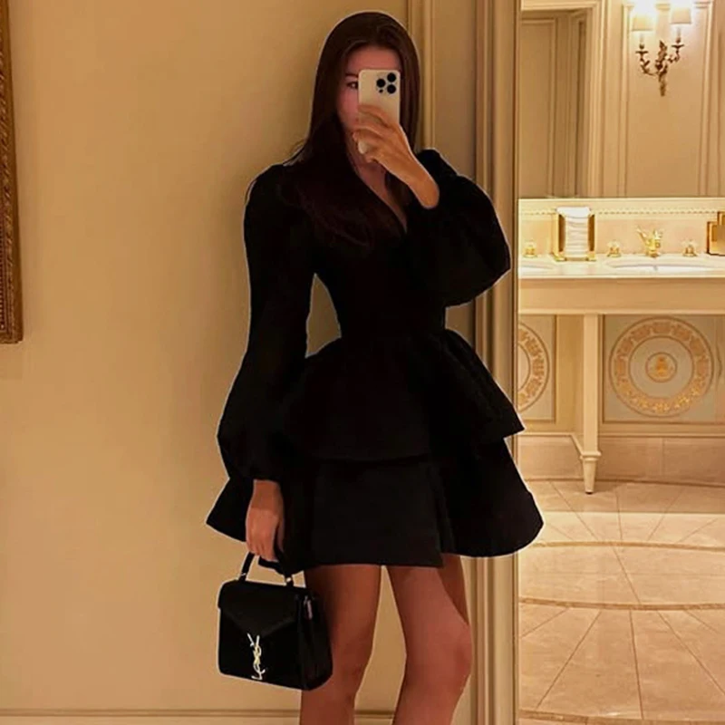 

Ticketsx Black Elegant Evening Dress Women's Fashion Puff Sleeves V-neck Fitted Ruffled New Dress Luxury Party 2025 Mini Dress