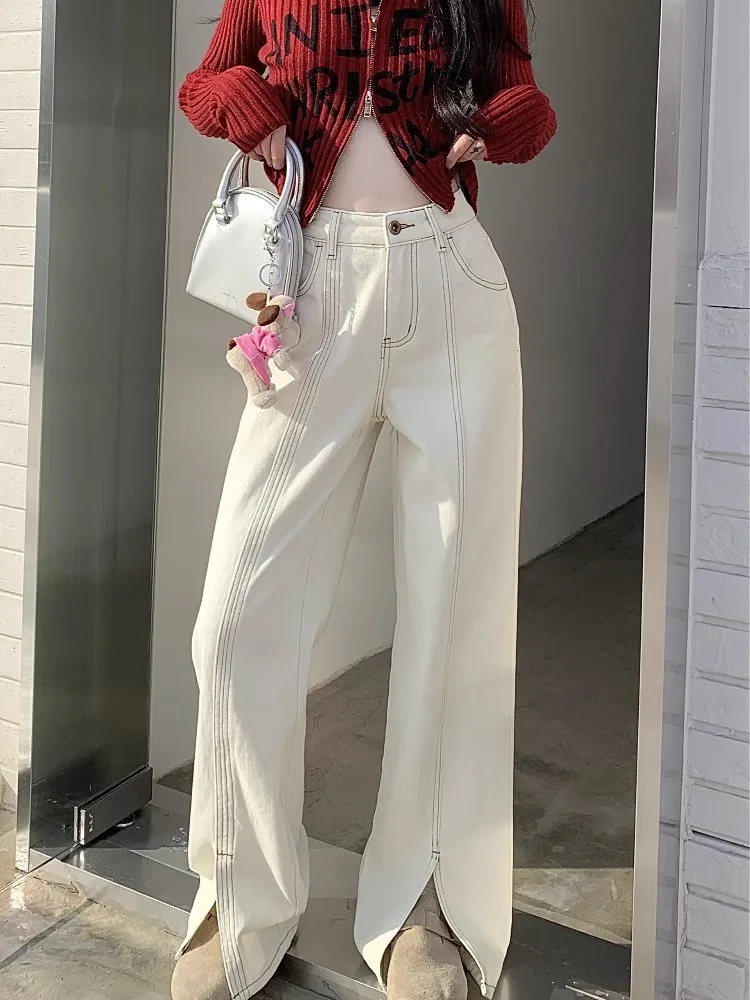 GUUZYUVIZ White High Waisted Jeans for Women Y2K Casual Split Denim Wide Leg  Pants Korean Fashion Cowboy Trousers