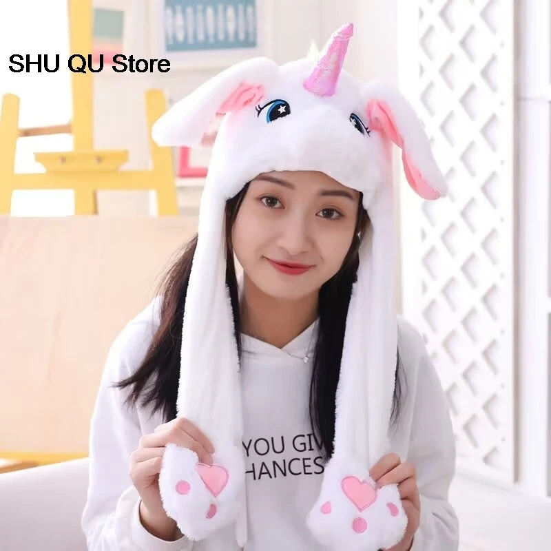 2024 New  Panda Women's Hat Beanies Plush Can Moving Bunny Ears Hat with Earflaps Movable Ears Boys Girls Children's Animal Caps