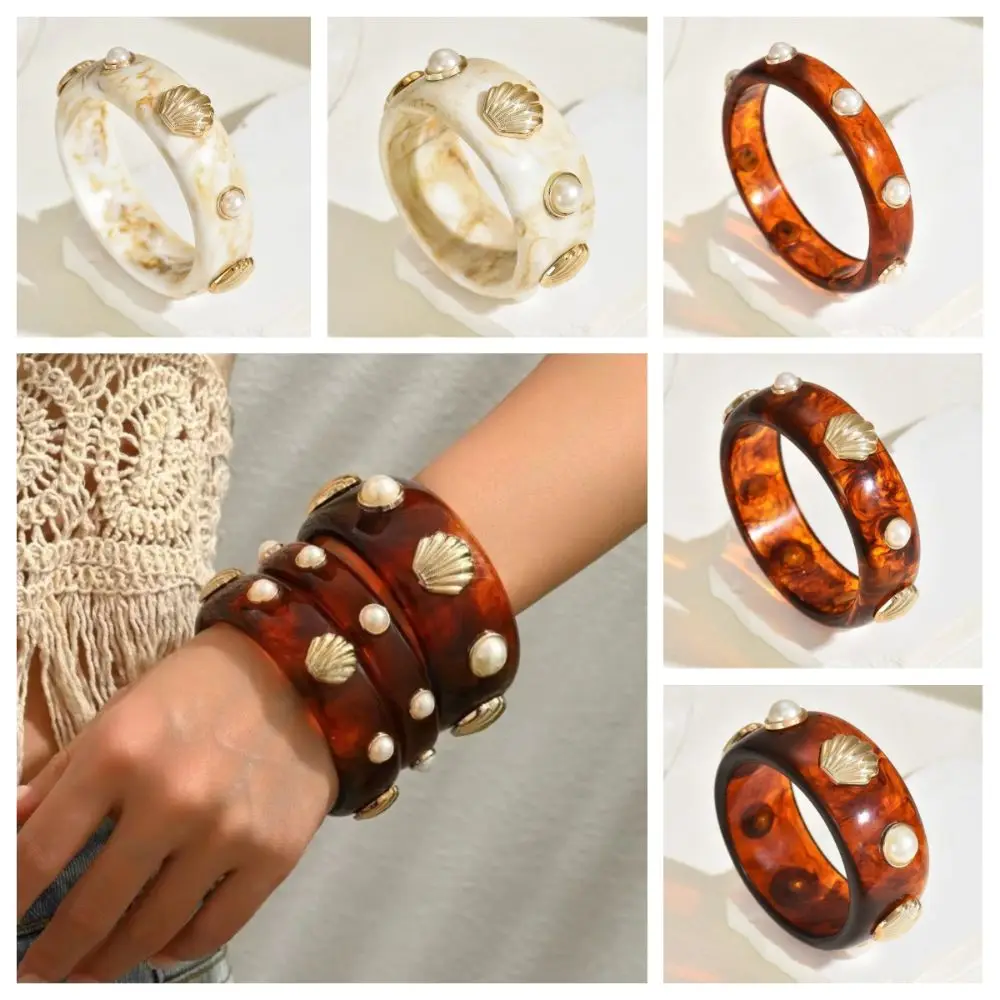 واسعة الراتنج اللؤلؤ شل سوار جولة خفيفة الوزن مكتنزة التفاف الأساور دائم مريحة لارتداء الكفة سوار النساء #1