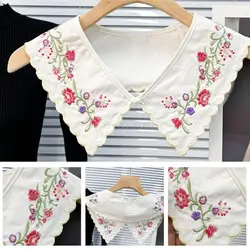 Womens Sweet Colorful Flower Embroidery Fake Collar Detachable Blouses Top Collar Button Up Decorative Shawl Scarf Wrap