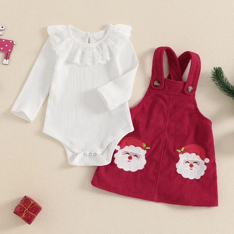 

Baby Girl Christmas Outfit Solid Color Lace Trim Long Sleeve Ribbed Romper Santa Claus Embroidery Suspender Skirt 2 Piece Set