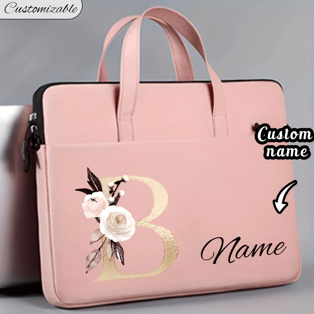 Mother's Day Gift Customizable Laptop Bag—Personalized High-Capacity Pink Briefcase Featuring the 26-Letter Alphabet, Complete