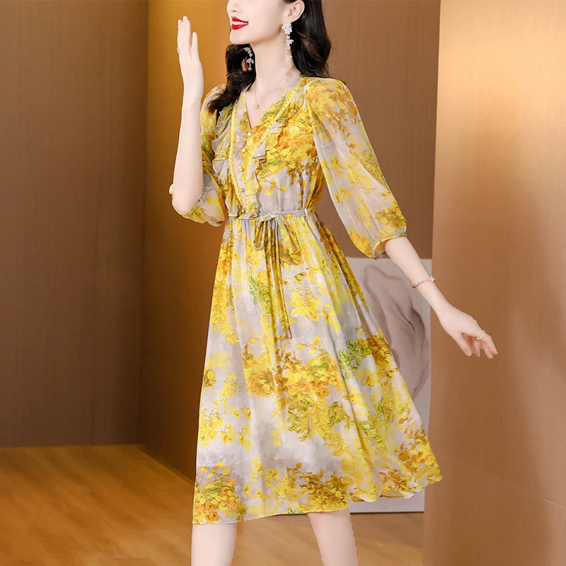 

Vintage Yellow Floral Dress Elegant Women Lantern Sleeve High Waist A-line Silk Midi Dress Summer Dresses for Women 2024 Casual