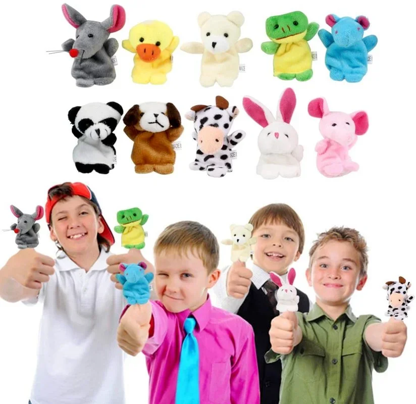 Mini pelúcia Finger Puppets para crianças, brinquedos educativos, boneca de animais dos desenhos animados, figuras infantis, presentes do bebê, bonito, 10pcs por conjunto