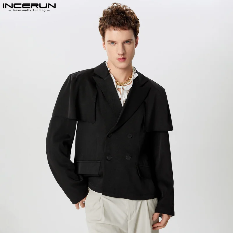 INCERUN Men Blazer Solid Color Lapel Long Sleeve Double Breasted Casual Suits Men Streetwear 2024 Fashion Male Thin Coats S-5XL