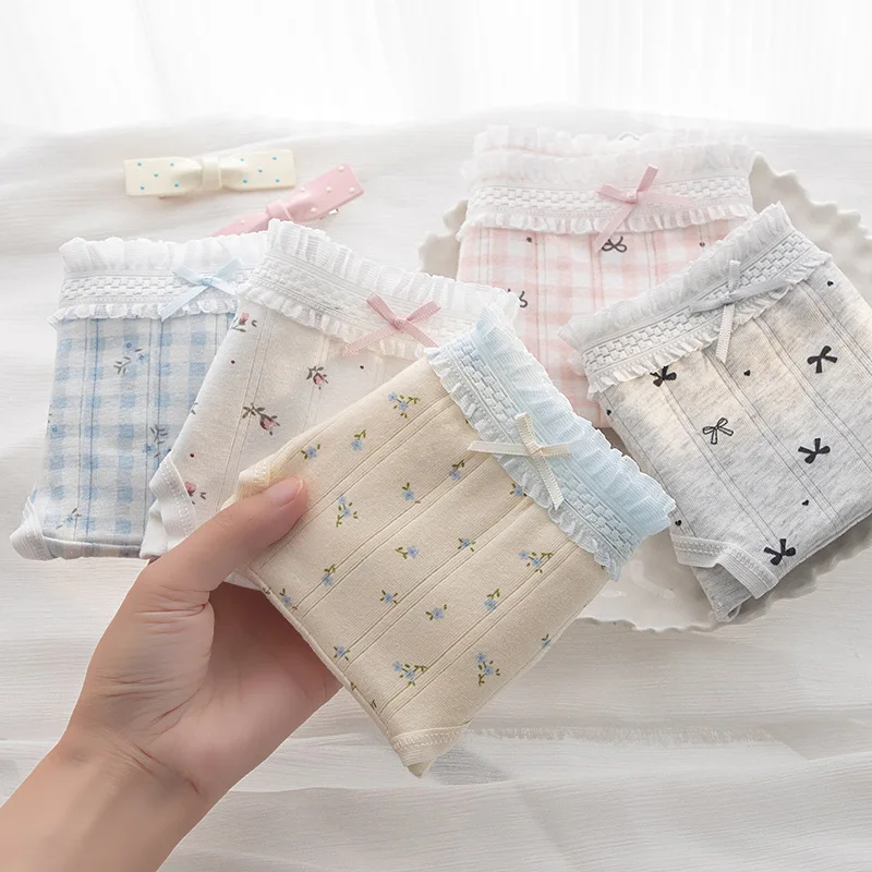 new Young girl Underwear 6pc/lot Cotton Lovely middle Waist Briefs student Panties children flower Teenagers M-XL fashion lace