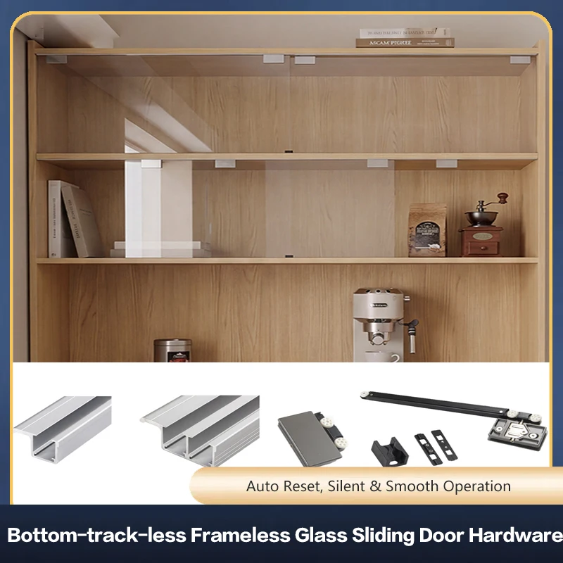 No Bottom Track Embedded Sliding Door Hardware Kit With Soft Close Damping Buffer Pulley For Glass Cabinet Bookcase Furniture