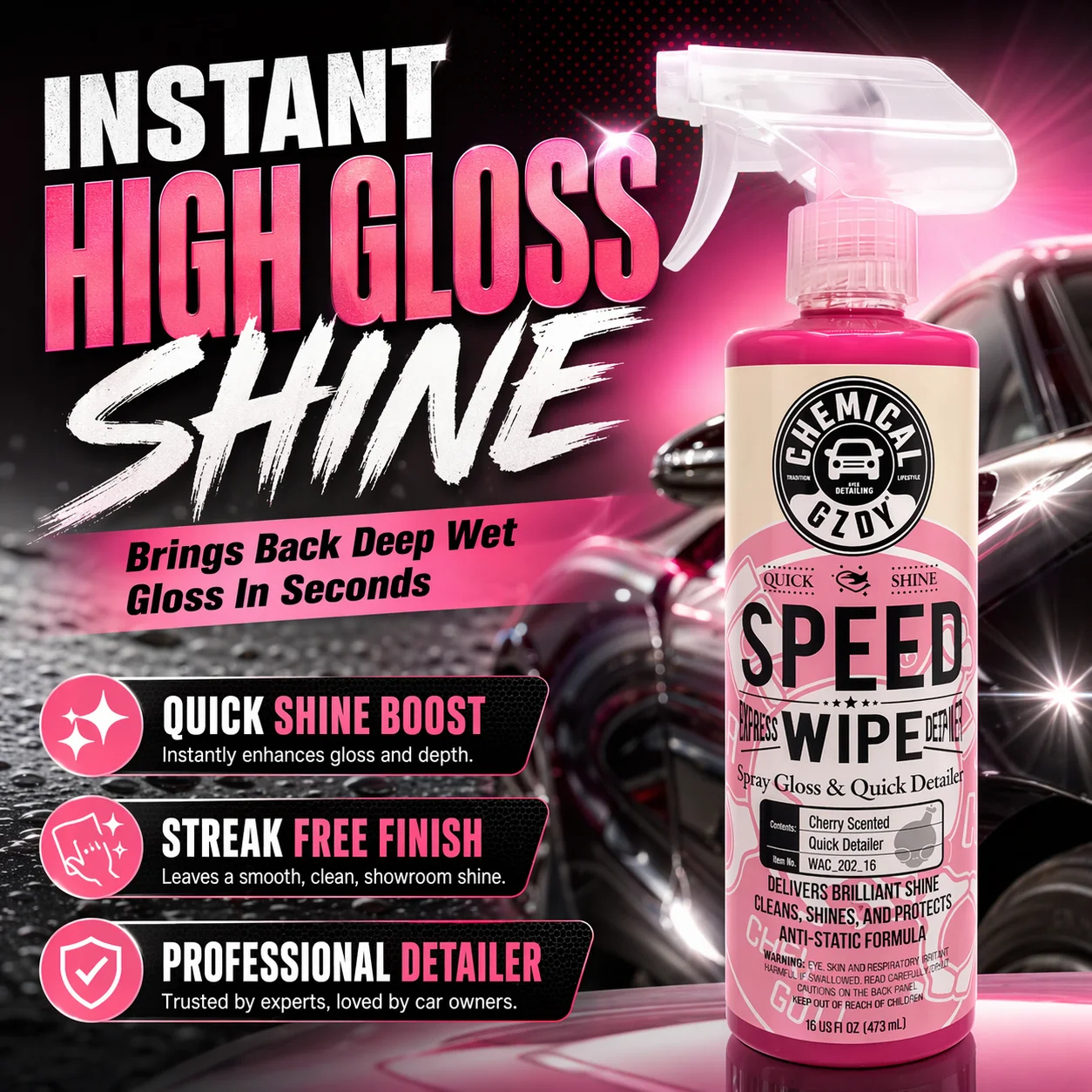 Quick Detailer Spray 16 oz – Speed Wipe High Gloss, Streak-Free, Anti-Static Car Spray with Cherry Scent