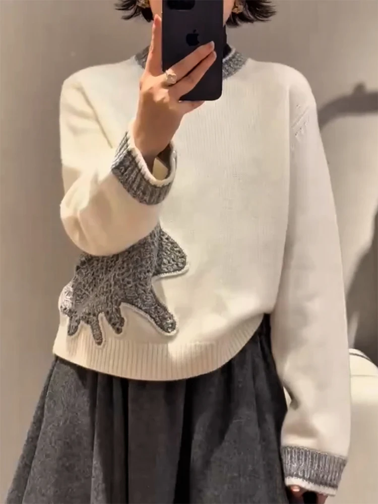 

Korean Design Embroidered Patchwork round Ne Sweater Autumn Winter New Sle plus Size Versatile Agel Top Women's Faion