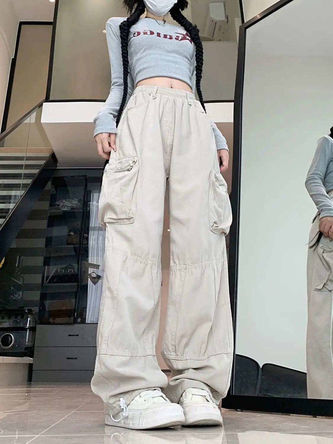 Salopette casual americana tascabile retrò Pantaloni larghi in denim a gamba larga Pantaloni larghi da donna