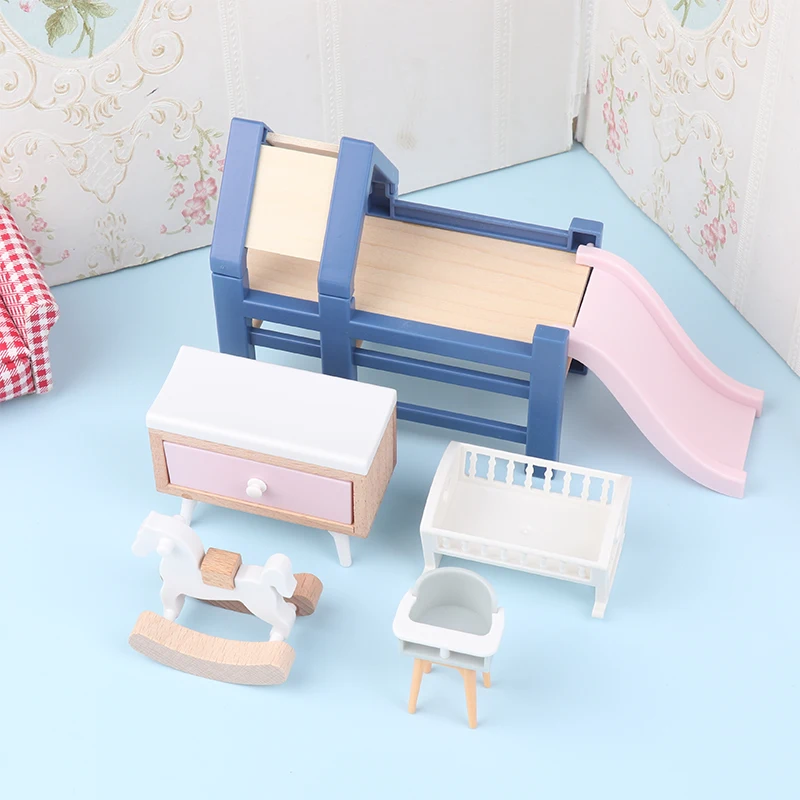 1/12 Dollhouse Baby Bedroom Furniture Accessories Slide/Trojan Horse/Table/ Dining Chair/Bed For Kids Pretend Play Toy