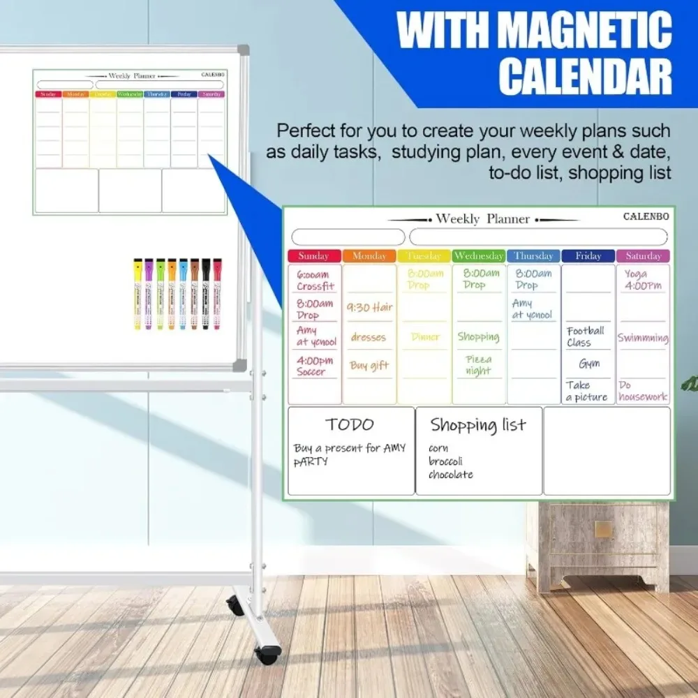 لوحات بيضاء دوارة على عجلات 72 × 48، لوح مسح جاف كبير مع حامل، لوح أبيض مغناطيسي متنقل مع ممحاة