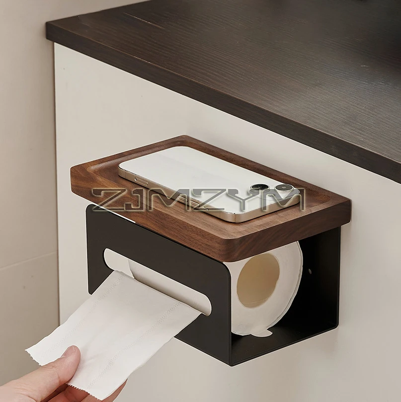 Walnut Paper Holder with Shelf, Aluminum Wall Mounted, Kitchen Bathroom Toilet Paper Storage Rack, Tissue Drawer Box, No Punch