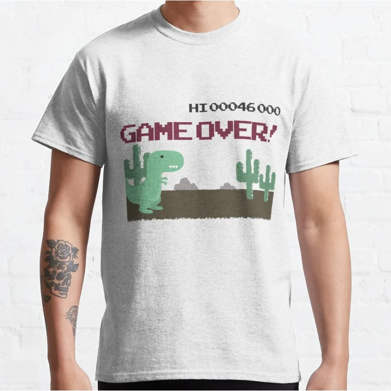 Gameover  Funny offline t rex 90s cartoon pixel video game dinosaur T-shirt for men large size Adult Tops S-6xl