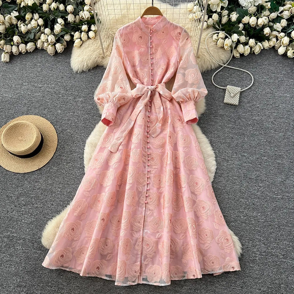 Elegant Chic Intricate Embroidery Tie Waist Maxi Dress A-line Casual Lantern Sleeve Vestidos evening gown Fall Robe
