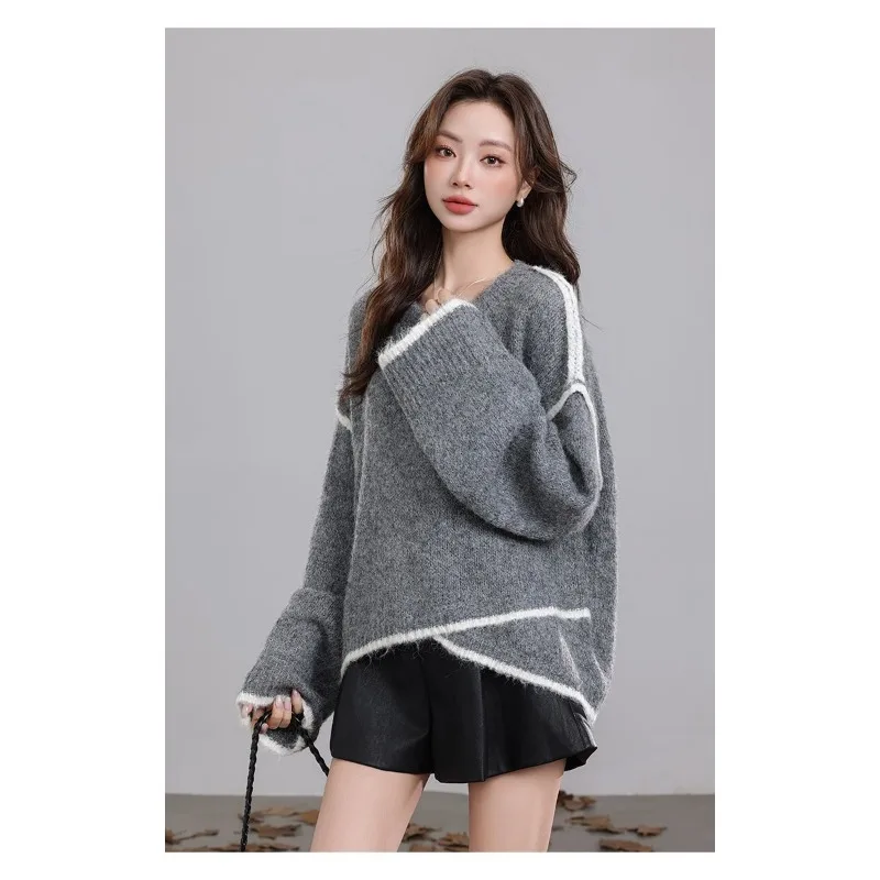 Серый свитер в ленивом стиле 2022, осень и зима, новый стиль, свободный дизайн, свитер нестандартного контрастного цвета, женские модные топы