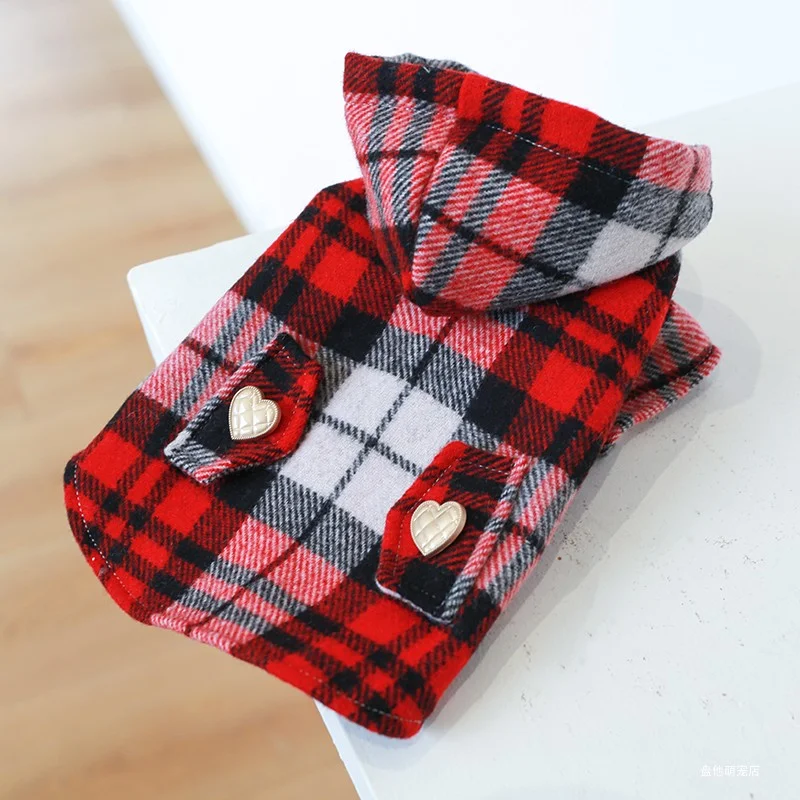 1PC Pet Clothes Dog Cat Autumn and Winter Thickened Warm Red Plaid Hat Coat Windbreaker Suitable for Small and Medium sized Dogs