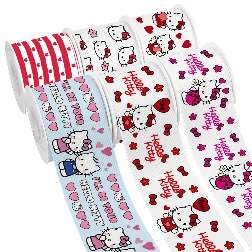 Valentine's Day Sanrio Heart Hello Kitty Printed Grosgrain Satin Ribbon for Gift Wrapping Hair Bow Craft Accessory 50 Yards