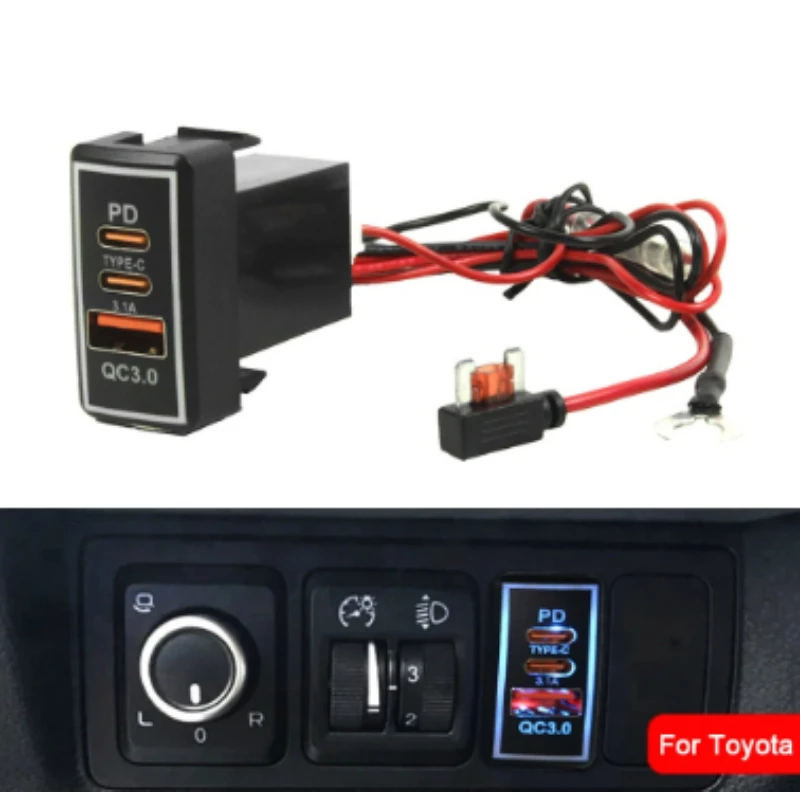 

1Pcs QC3.0 USB TYPE-C Car Quick Charger Adapter For Toyota FJ/Land Cruiser Prado 4Runner Tacoma Blue Indicator LED 12/24V