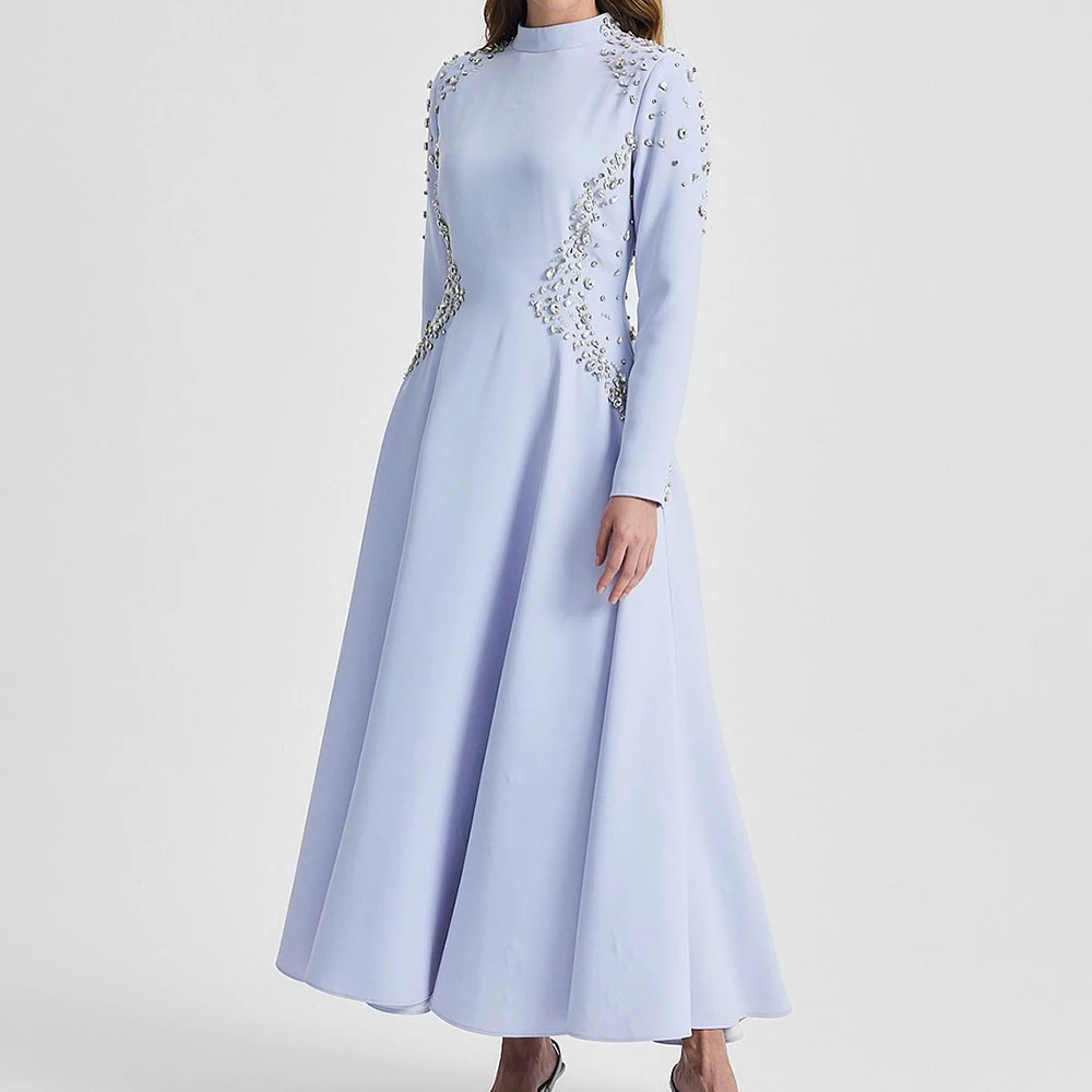 

Customized A-line Evening Dresses Ankle-length High-neck Full Sleeve Prom Gown Fashion Crystal Simple Draped Party Gown