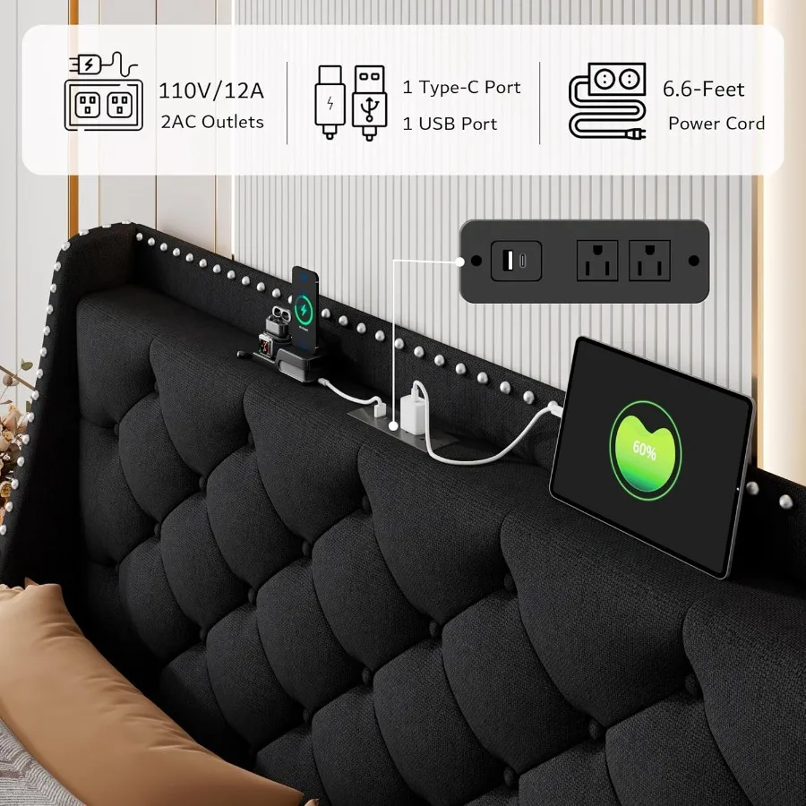 إطار سرير كوين مع تصميم مريح بظهر مجنح ومحطة شحن مدمجة وسرير بمنصة منجد تتميز بزر معنقدة #4