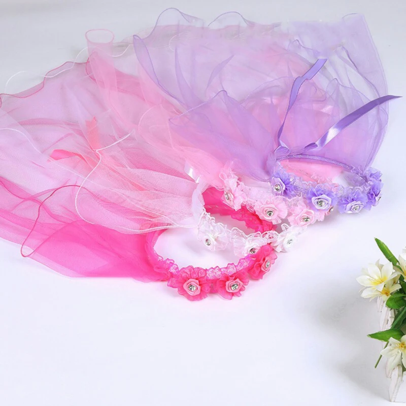 Children Little Princess Hairband Double Layers Tulle Bridal Veils Flowers Garland Ruffles Floral Lace Wedding Party Wreath