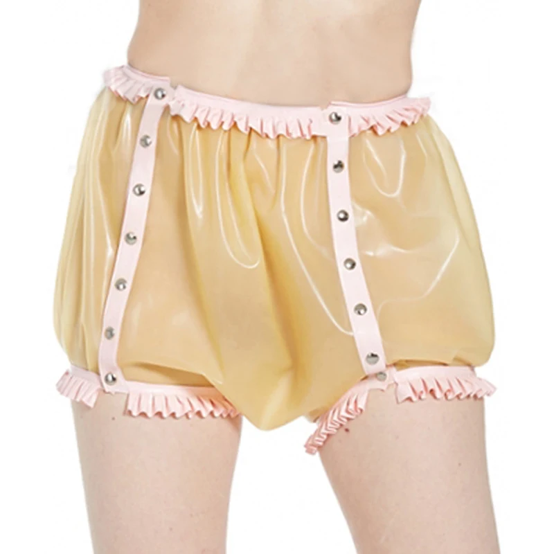 Transparent And Pink Sexy Latex Diaper High Waist Briefs With Frills Buttons Front Rubber Underwears Panties Underpants DK-0245