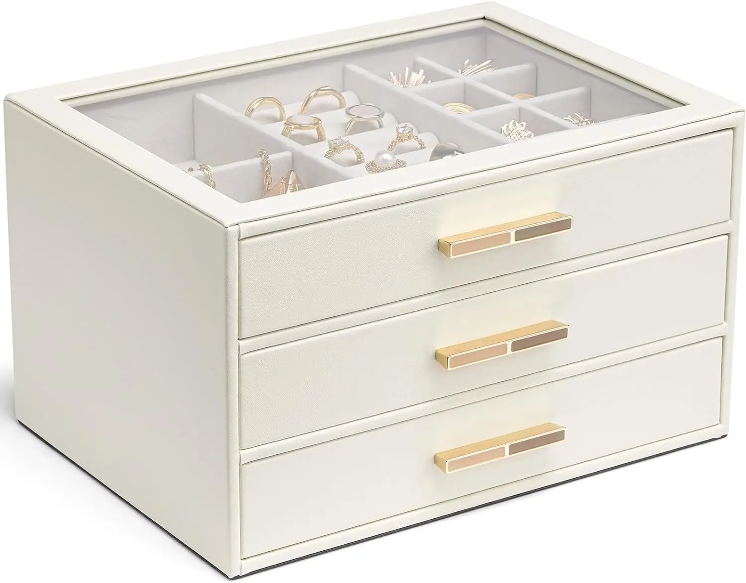 

Jewelry Box for Women, Glass Lid Jewelry Organizer with 3 Drawers for Necklaces Rings Earrings Bracelets