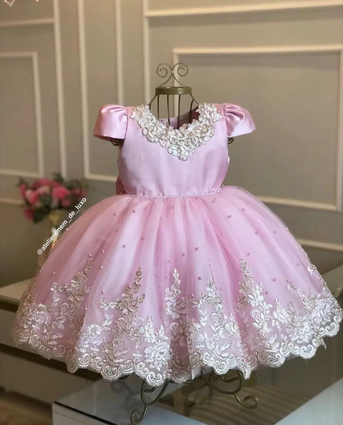 Vestido rosa claro de flores para niña, para boda, tul, apliques hinchados, perlas, fiesta de cumpleaños para niños, vestidos de baile de primera comunión