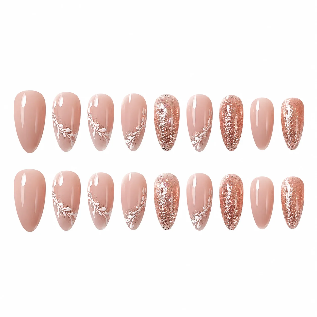 2 Sets Short Teardrop Press-On Nails, Plant & Glitter Design, 48 Pcs Per Set, Reusable Easy Remove Fake Nails for Women
