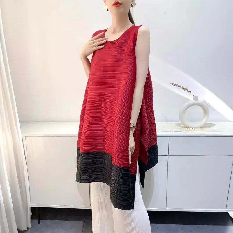 GGHK 2024 Summer New Pleated Tops Women Mid-Length Colorblocking T-Shirt Loose Large Size Comfortable Casual Female Clothing