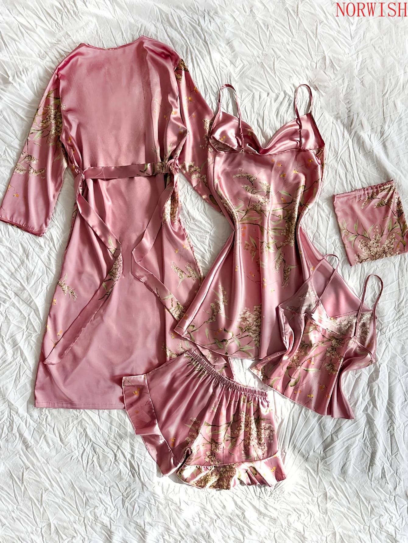 Women 5Pcs Autumn Winter Cherry Print Pajama Set Sexy Robe Camisole Shorts Dress With Storage Bag Ladies Home Sleepwear Loungewear