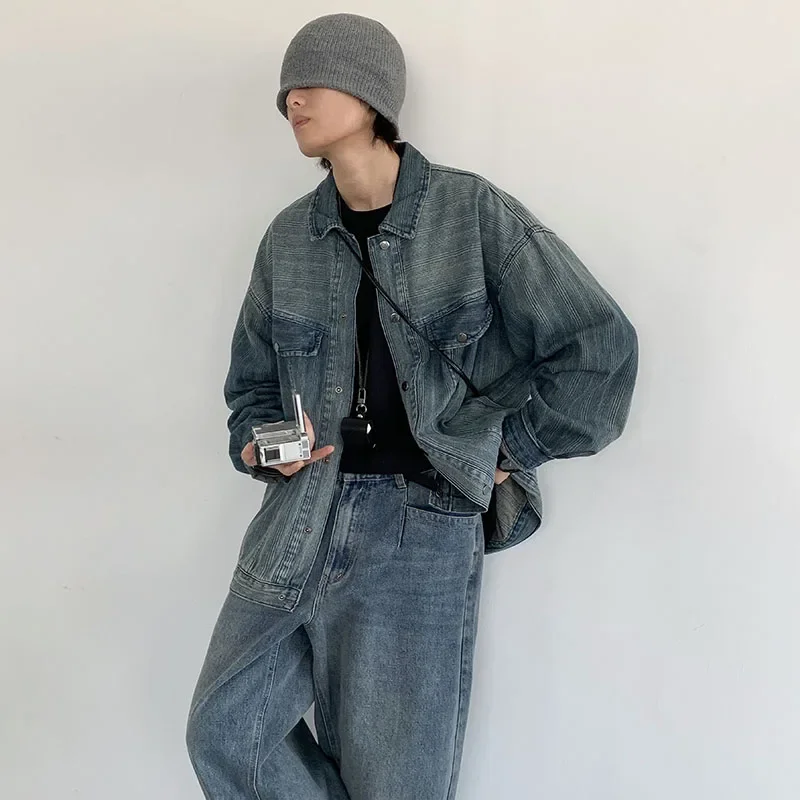 Hip Hop Denim Set Men Women Washed Distressed Striped Denim Jackets+Vintage Straight Loose Harlan Jeans High Street Cargo Suit