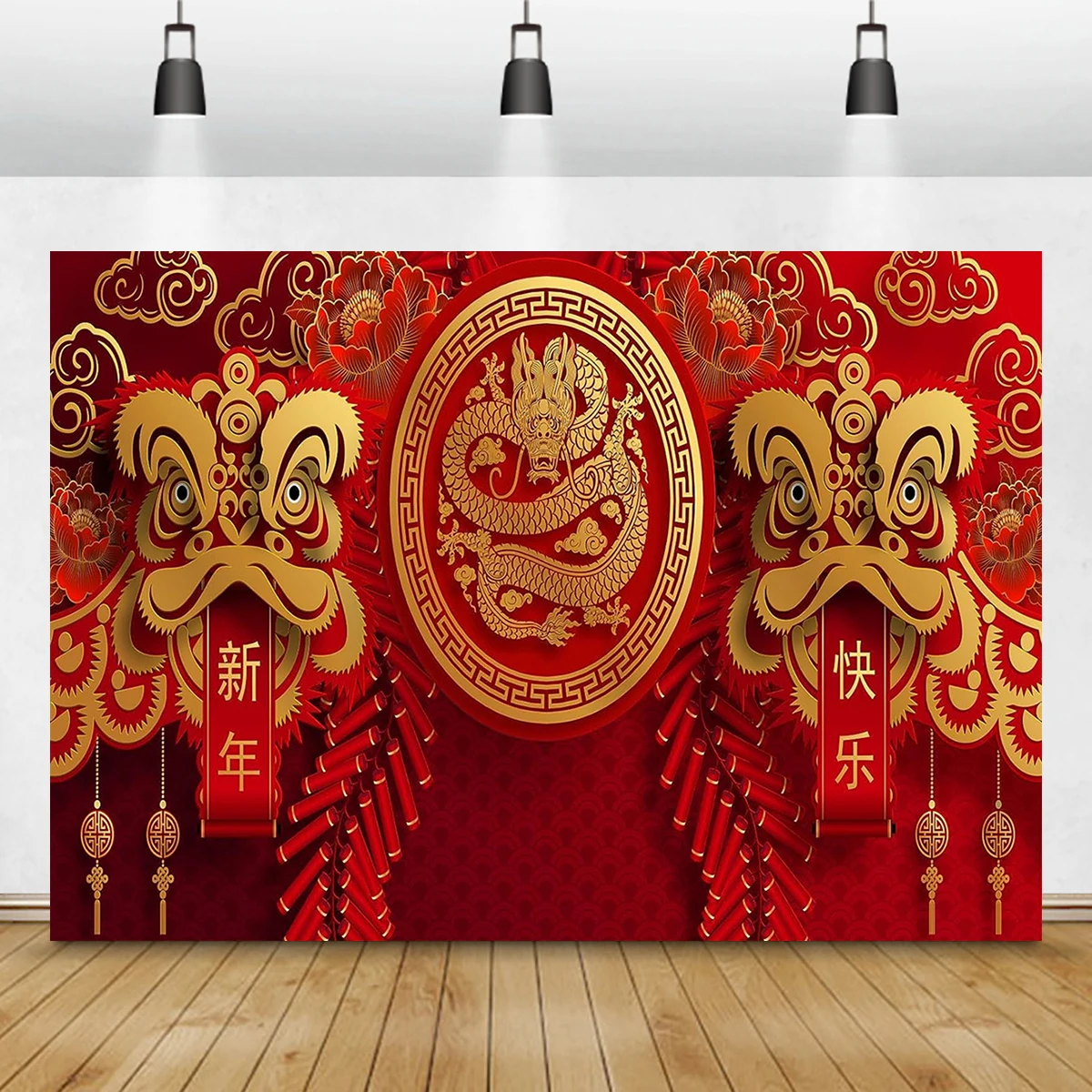 

10x6ft Happy Chinese Lunar Calendar New Year Of Dragon Banner Backdrop China Red Firecracker Party Wall Background Decorations