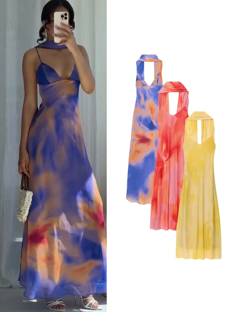 TFMLN Elegant Women Sling Dress With Scarf Holiday Sleeveless Backless Evening Dress Chic Tie-dye Print Summer Vacation Outfit