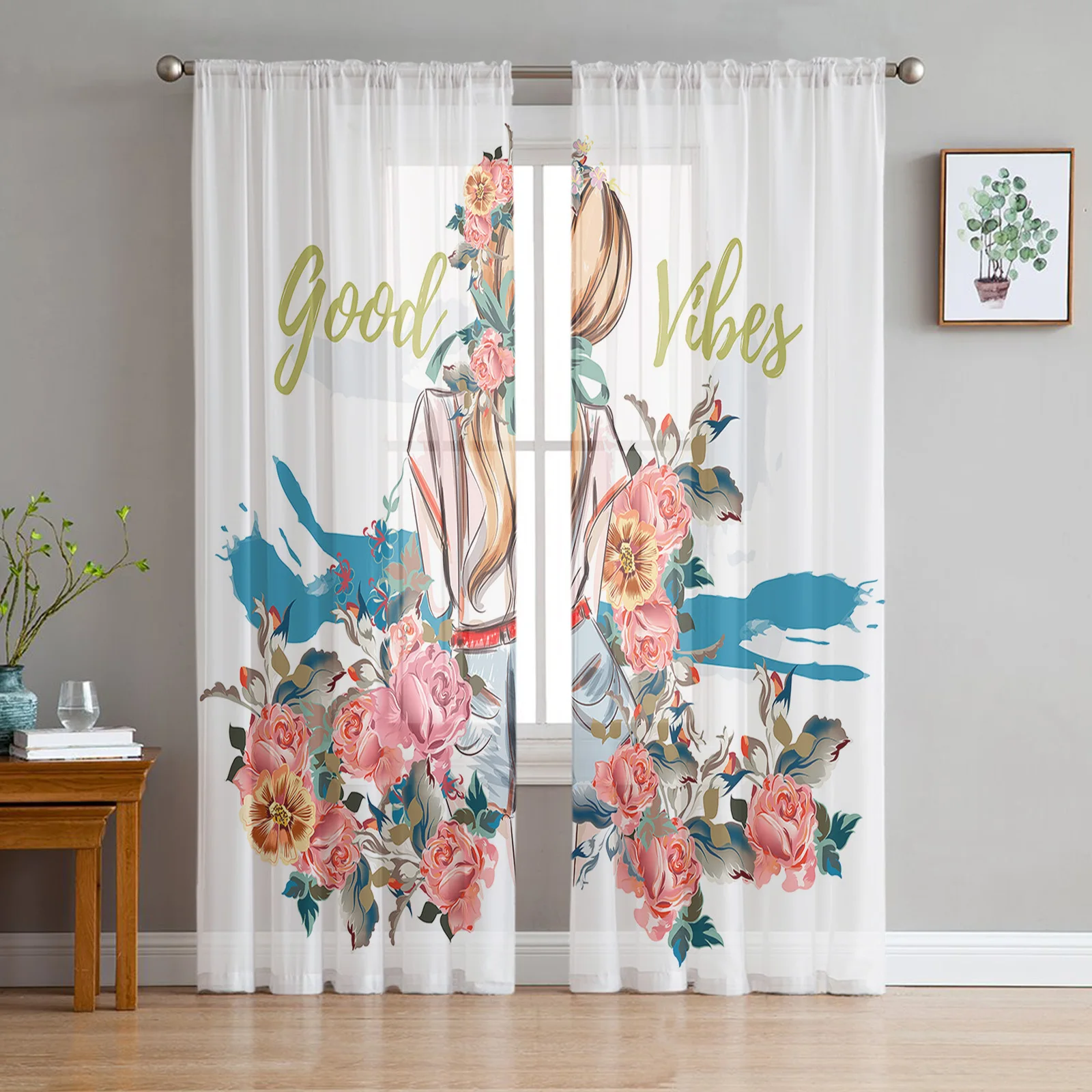 Watercolor Woman'S Back Flower Sheer Curtain for Bedroom Tulle Voile Curtain for Kitchen Living Room Decor Window Treatment