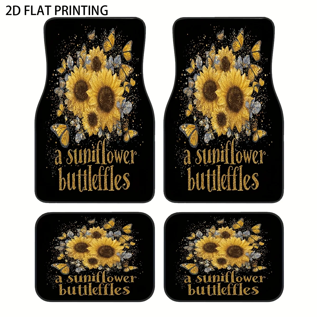 

4pcs Black Background Sunflower Butterfly Pattern Printed Car Mats, Universal Material All-Season Weatherproof Vehicle Interior