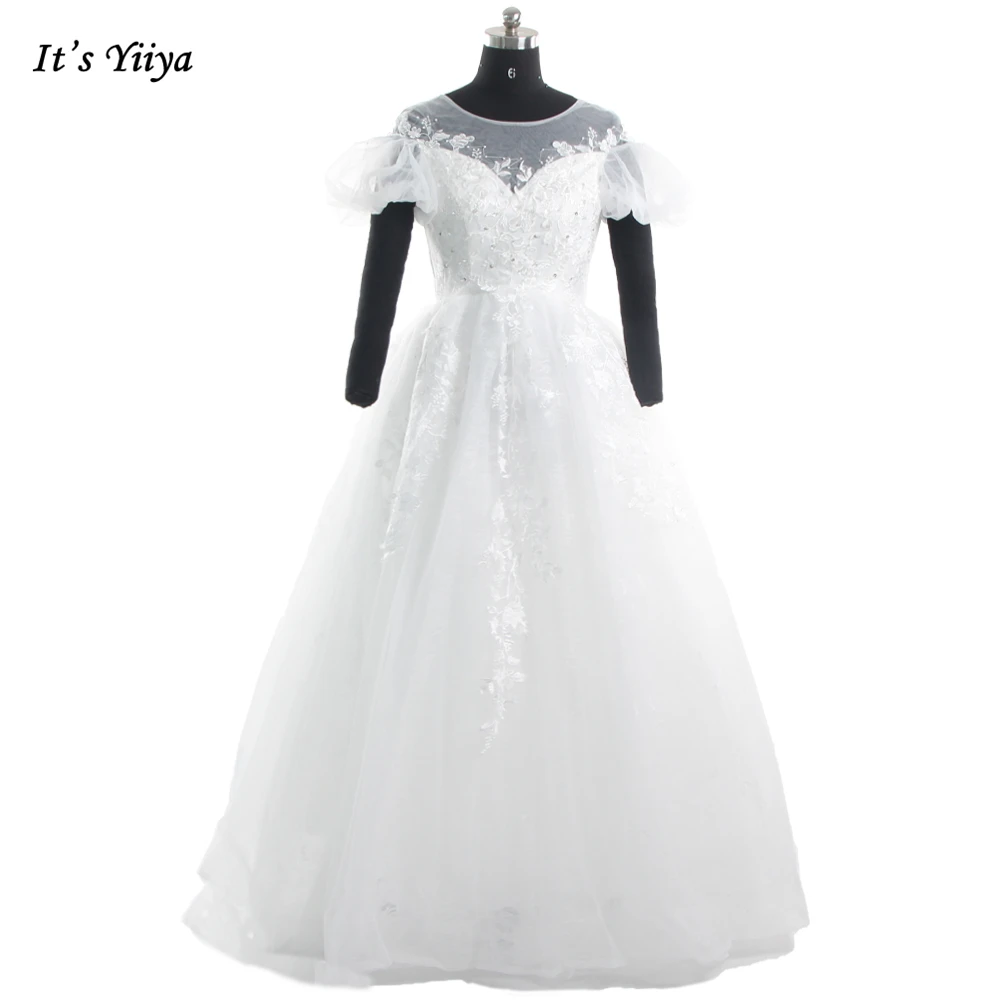 

It's Yiiya Wedding Dresses White illusion O-neck Beading Appliques Short Sleeves Ball Gown Plus size Floor Length Bride Dress