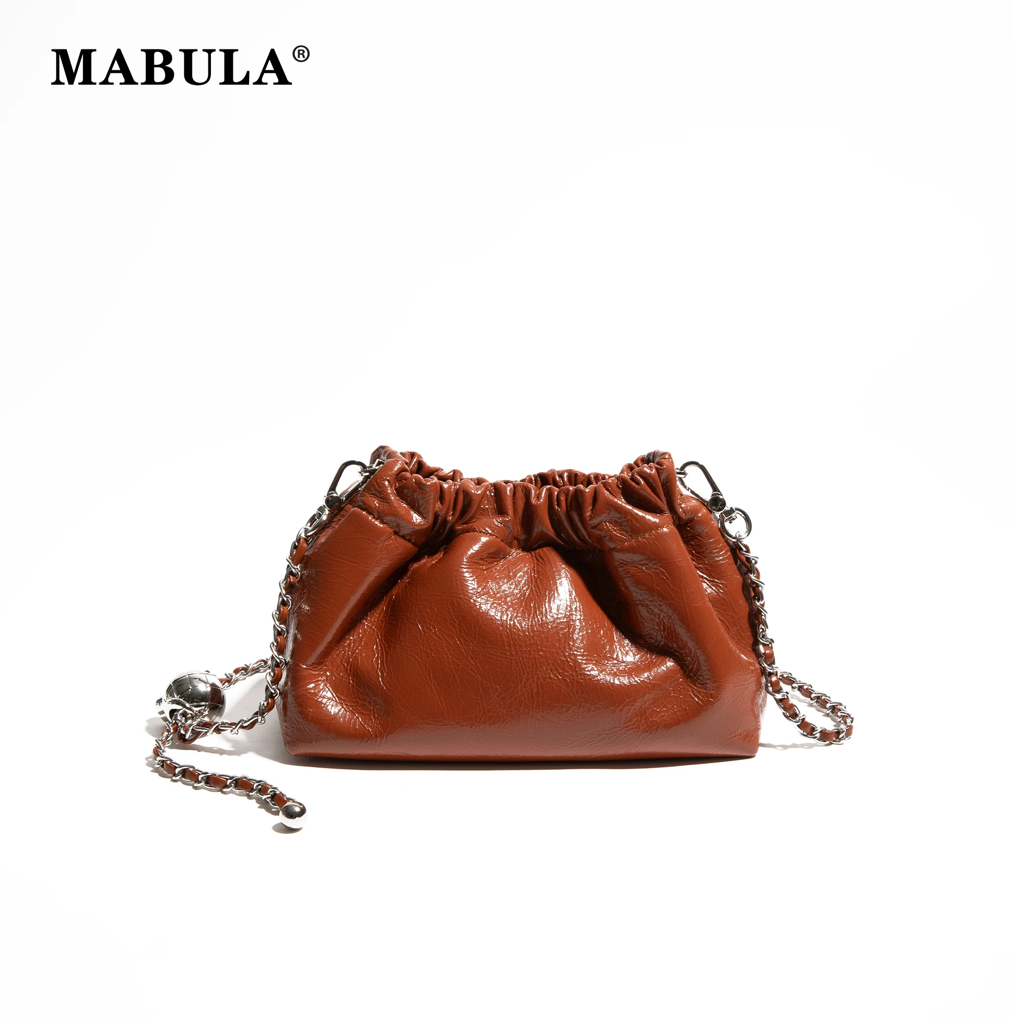 MABULA Stylish Oil Wax Leather Women Chain Shoulder Bag Adjustable Strap Simple Crossbody Satchel Drawstring Design Hobo Handbag