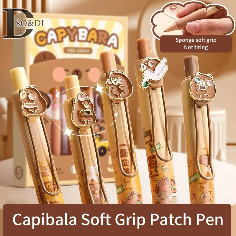 Capybara-Ensemble de stylos gel à presser Kawaii, patch de dessin animé en métal, stylo à bille à encre noire, accessoires de bureau, papeterie scolaire, 0.5mm, 5 pièces