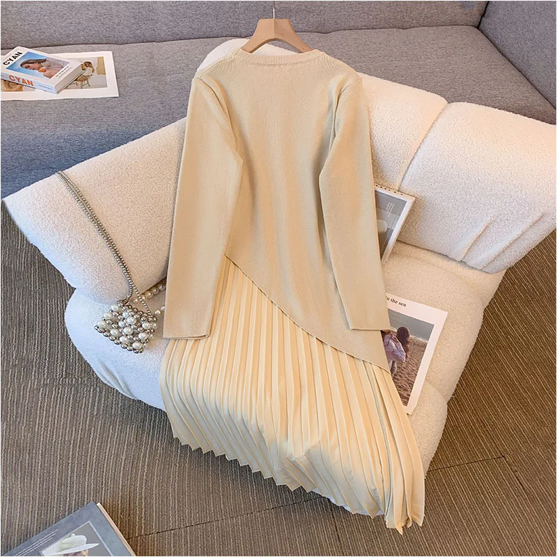 Bomon Autumn/Winter 2024 new fashion patchwork design oblique pleated skirt long fake two casual loose crew-neck knitted dress